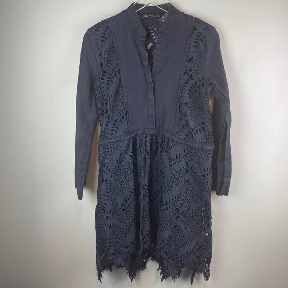 Zara Navy Linen Crochet Leaf Fern Eyelet Lace Tunic Size S - Picture 2 of 6